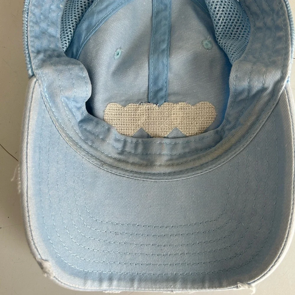 Aerie Light Blue Distressed Denim Mesh Hat embroidered hearts‎